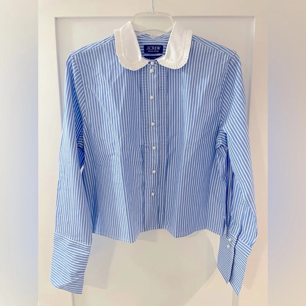 J. Crew Blue and White Striped Button-Up Shirt with Contrast Collar